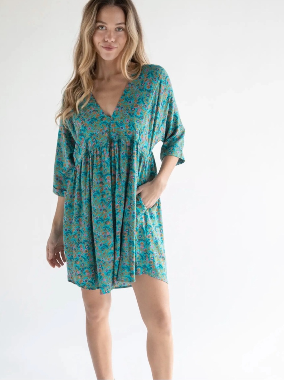 Natural Life Stella V-Neck Babydoll Mini Dress Blue Floral Sz L